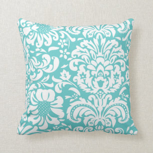 Coussin Damas florale turquoise et blanche