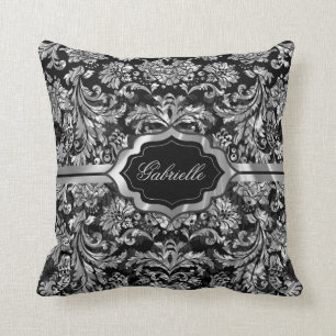 Coussin Damas Florales Gris Noir Et Argent Monogrammes