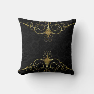 Coussin Damas florales noires et cadre Tourbillonnant or