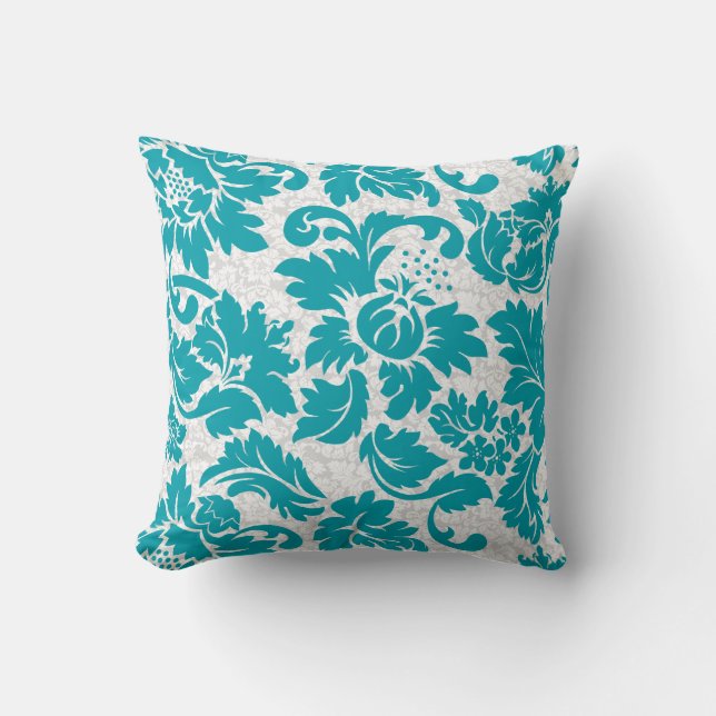 Coussin Damas Florales Vintages Turquoise Et Blanc (Recto)