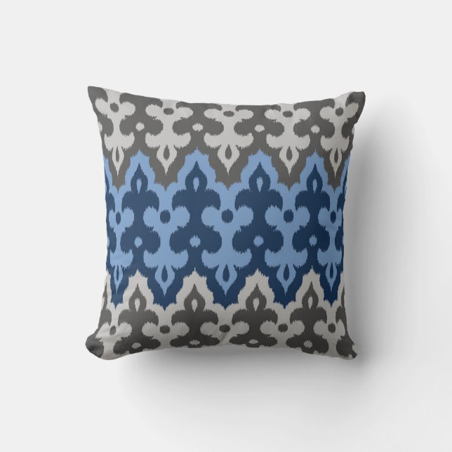 Coussin Damas Ikat marocain, bleu et gris / gris (Recto)