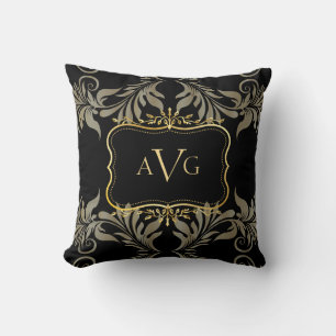 Coussin Damas noir avec cadre or monogramme