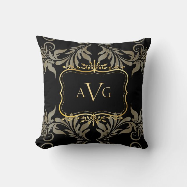 Coussin Damas noir avec cadre or monogramme (Recto)