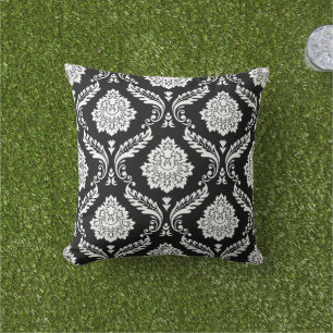 Coussin Damas Rococo Grand Motif Blanc sur Noir