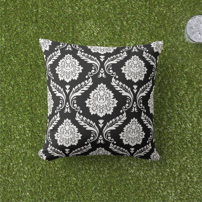 Coussin Damas Rococo Grand Motif Blanc sur Noir (Herbe)