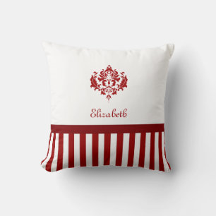 Coussin Damas rouge et blanc classique avec stries et nom