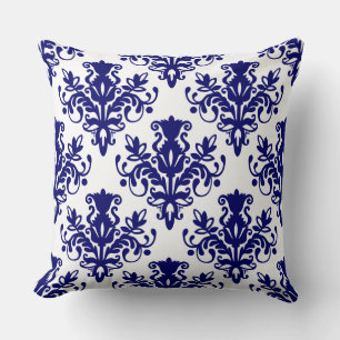 Coussin Damask 02 Motif - Deep Navy Blue sur blanc