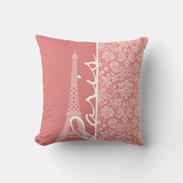 Coussin Damask En Corail Clair ; Paris ; Tour Eiffel (Recto)