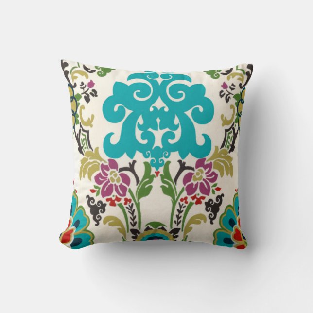 Coussin Damask Floral Patterns Plum Turquoise (Recto)