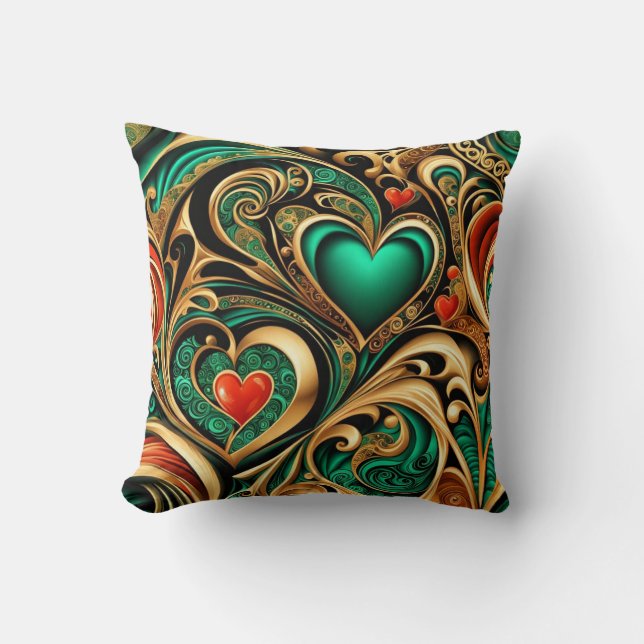 Coussin Damask Hearts Gold Coral Turquoise Répéter Motif (Recto)