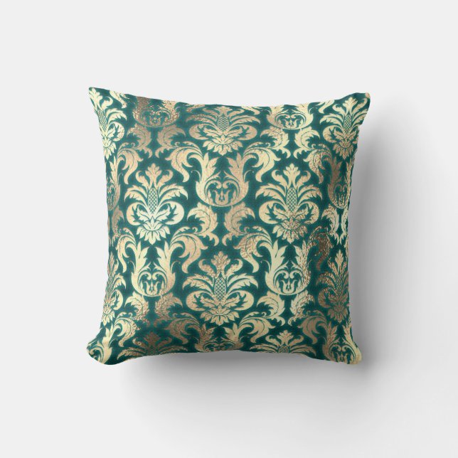 Coussin Damask Sepia Gold Lux métal Turquoise Velvet Effet (Recto)
