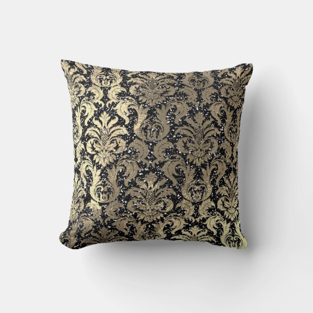 Coussin Damask Sepia Gold Metallic Parties scintillant noi (Recto)