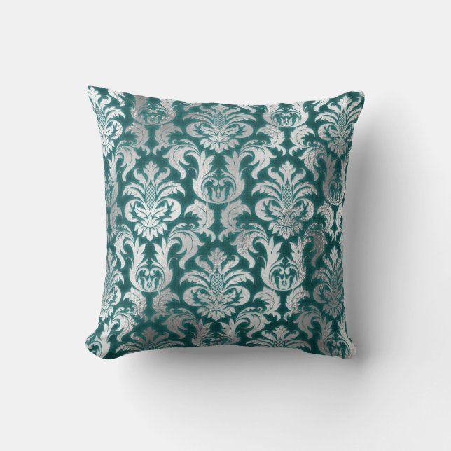 Coussin Damask Silver Grey Metallic Turquoise Velvet Effet (Recto)