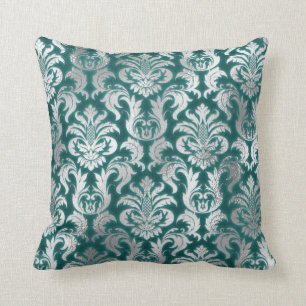 Coussin Damask Silver Grey Metallic Turquoise Velvet Effet