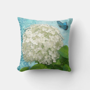 Coussin Damask Snowball White Hydrangea Blue Butfly Art
