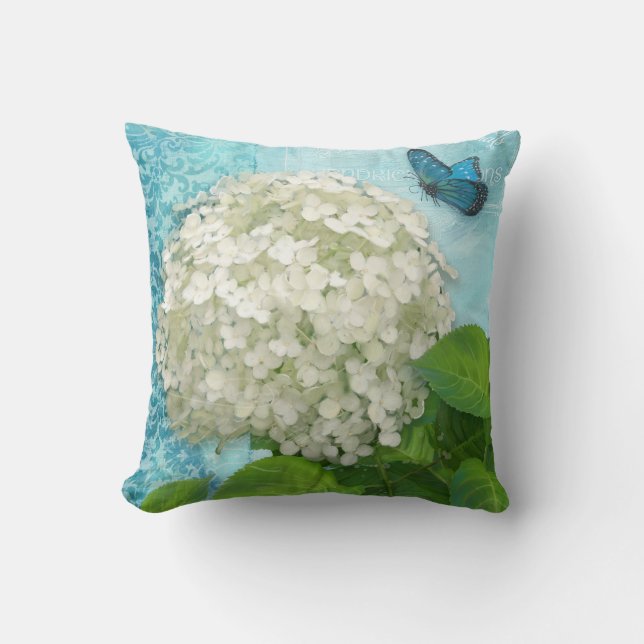 Coussin Damask Snowball White Hydrangea Blue Butfly Art (Recto)