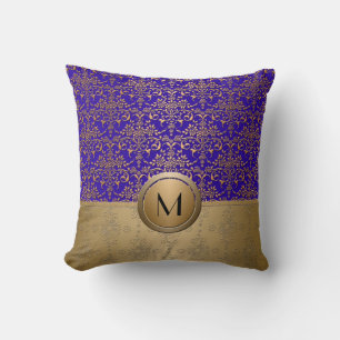 Coussin Damassé à monogramme bleu royal et or