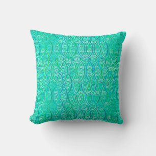 Coussin damassé arabesque - aqua et turquoise