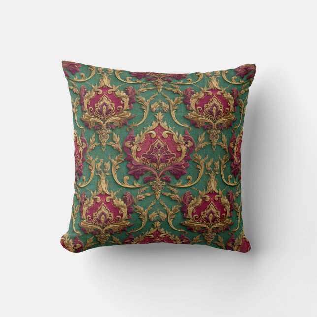 Coussin Damassé baroque bordeaux émeraude (Recto)