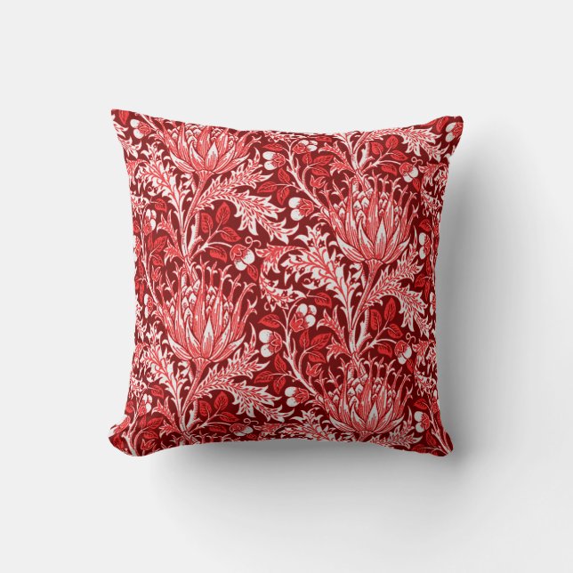 Coussin Damassé de William Morris, rouge foncé et blanc (Recto)