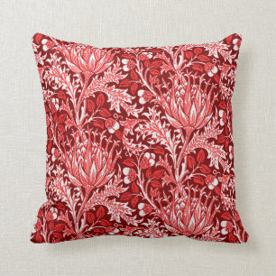 Coussin Damassé de William Morris, rouge foncé et blanc