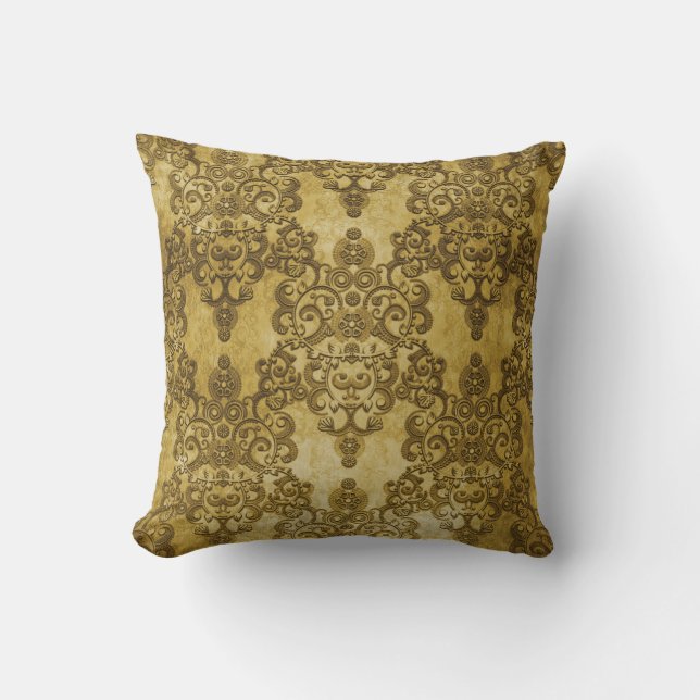 Coussin Damassé Distressed Rustique Or Jaune Foncé (Recto)