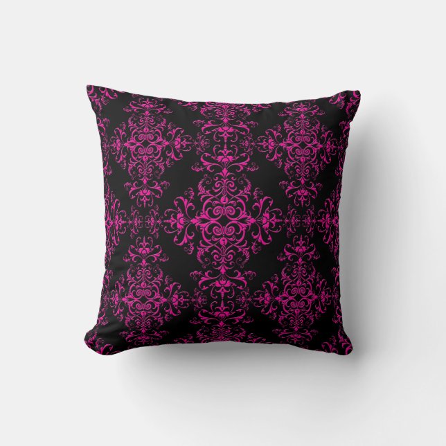 Coussin Damassé élégant de style victorien rose chaud et n (Recto)