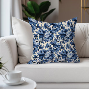 Coussin Damassé floral bleu vintage