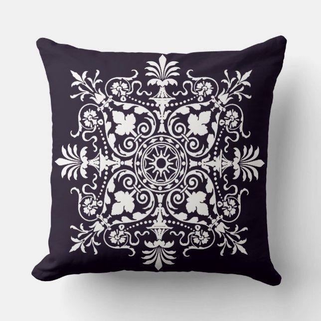 Coussin Damassé floral orné violet foncé (Recto)