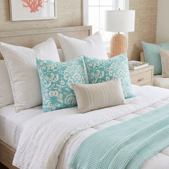 Coussin Damassé floral turquoise et blanc (Créateur téléchargé)