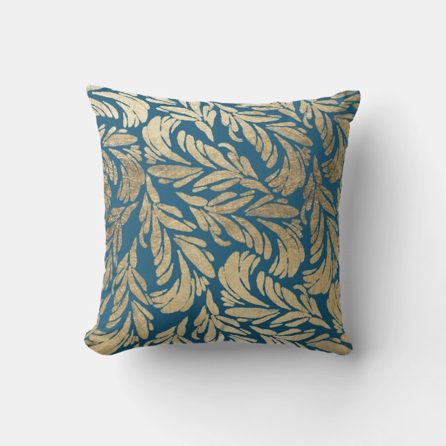 Coussin Damassé florale moderne d'or élégant de bleu (Recto)