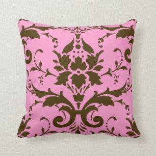 Coussin Damassé moderne de brun de cru sur le carreau rose