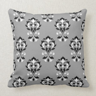 Coussin Damassé Ptn de coeur noir et blanc sur le gris