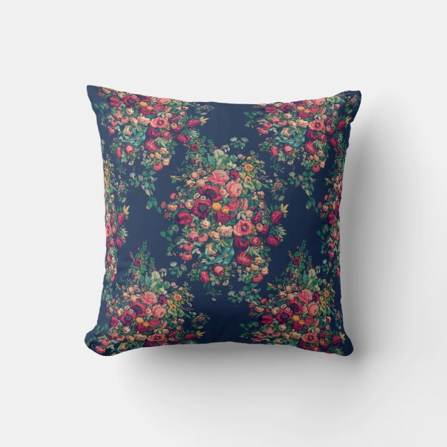 Coussin Damassé riche en couleurs bleue classique de roses (Recto)