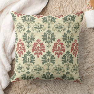 Coussin Damassé Rouge Vert Beige Intemporel de Style Vinta