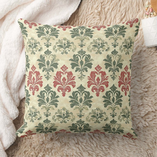 Coussin Damassé Rouge Vert Beige Intemporel de Style Vinta (Couverture)