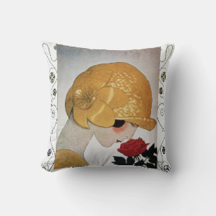 Coussin DAME À LA ROSE ROUGE / Tourbillons géométriques 