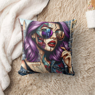 Coussin Dame Abstraite Colorée et Jolie avec Cheveux Viole