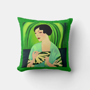 Coussin Dame Art déco avec ventilateur en Jade Green