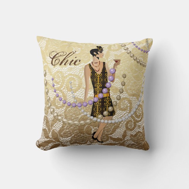 Coussin Dame Art Déco Broderie Fleurie Or (Recto)