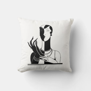 Coussin Dame Art Déco Vintage avec perles Noir Transp