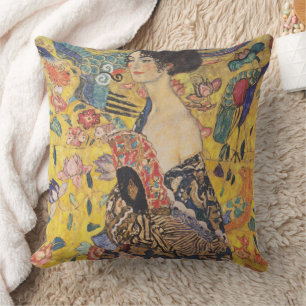 Coussin Dame Art nouveau vintage avec peinture d'éventail