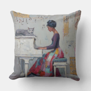 Coussin Dame au piano scintillante chat violet gris