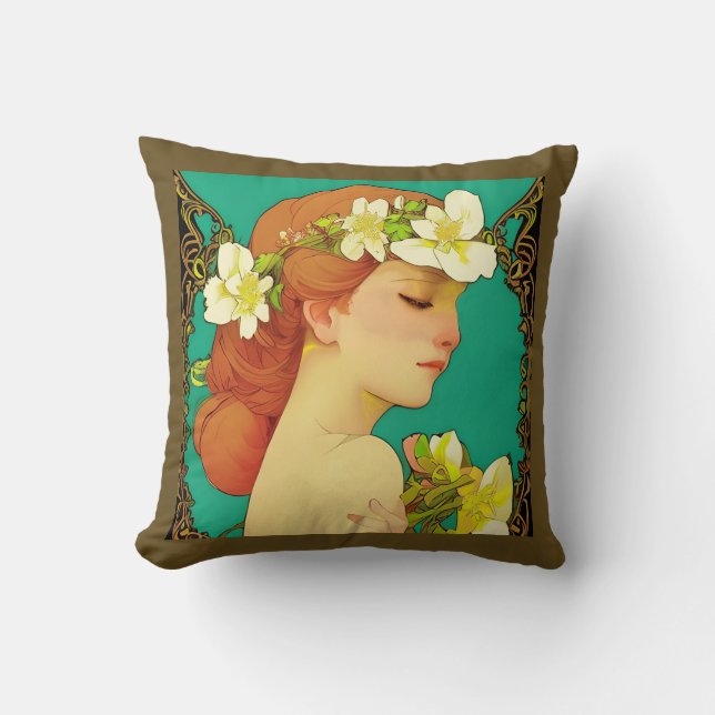 Coussin Dame celtique avec des fleurs dans ses cheveux (Recto)