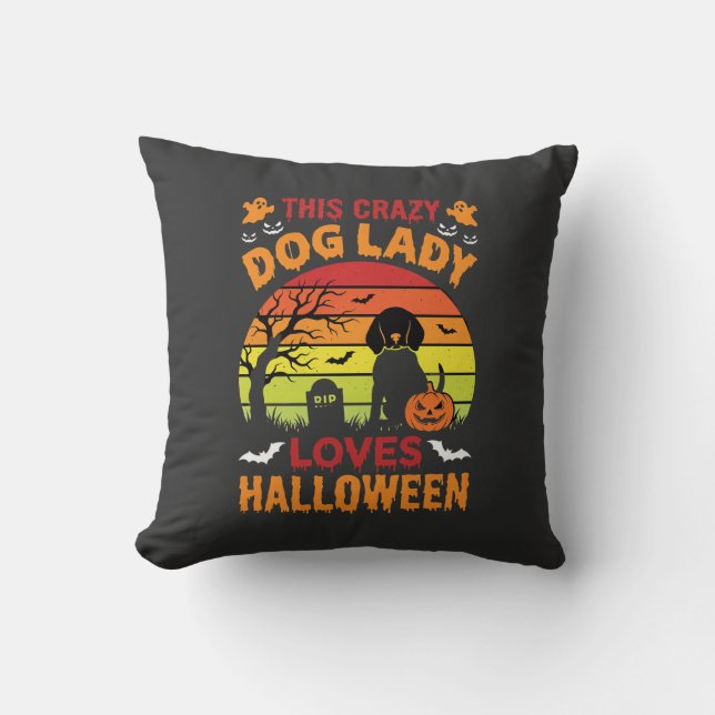 Coussin Dame Chien Fou Aime Halloween Design Vintage (Recto)
