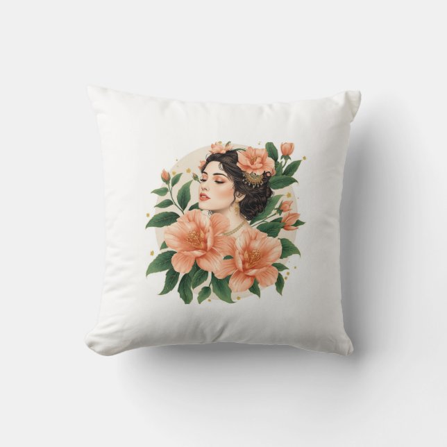Coussin Dame de la Fleur Rose – Flore Féminine Inspirée de (Recto)