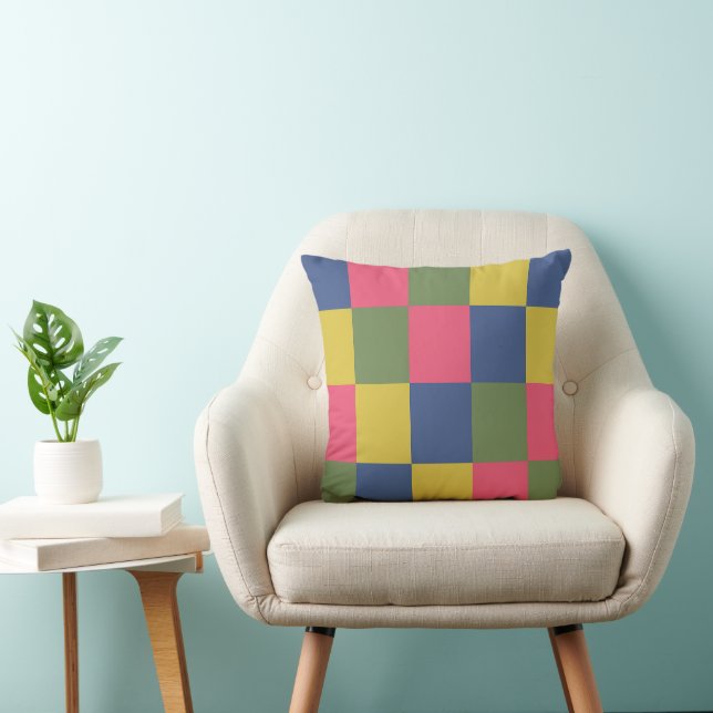 Coussin Damier Bleu Rose Jaune Vert (Chaise)