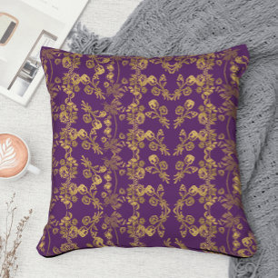 Coussin Damier doré élégant tourbillon floral sur violet