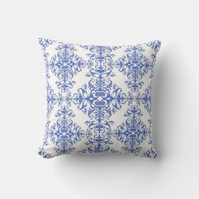 Coussin Damier floral élégant bleu cobalt et blanc (Recto)