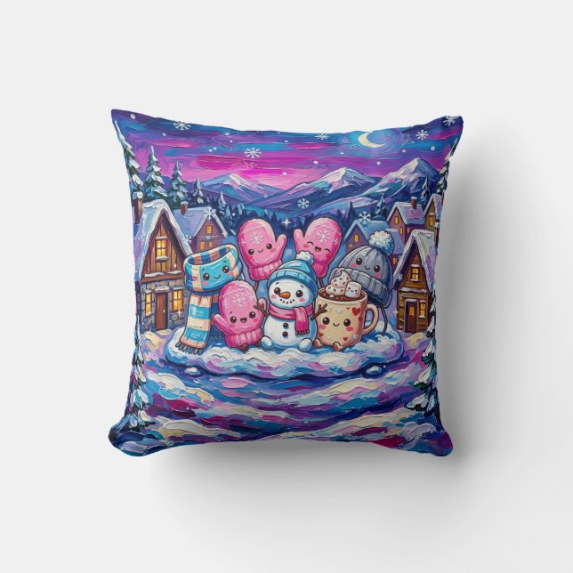 Coussin d'amis de bonhomme de neige d'hiver (Recto)